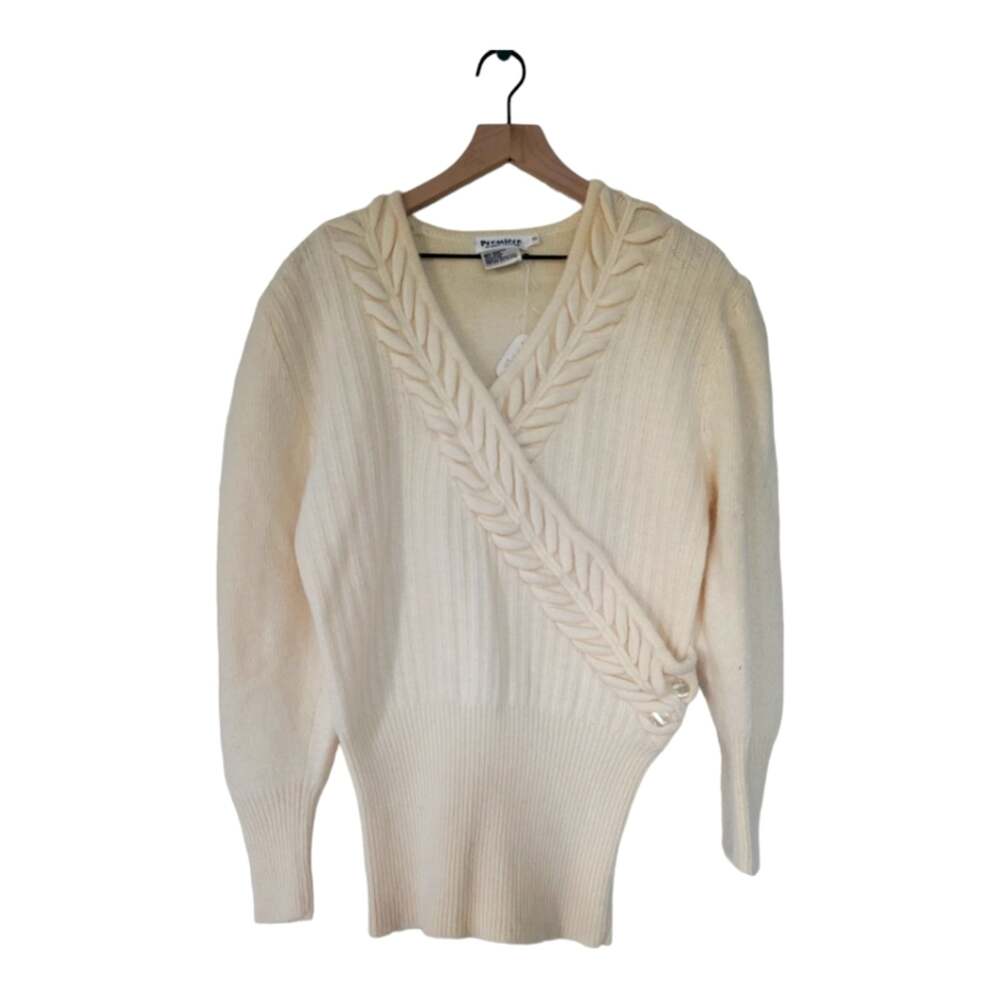 NWT Vintage Angora Wool 1980's V-Neck Sweater Size Small Cream Braided